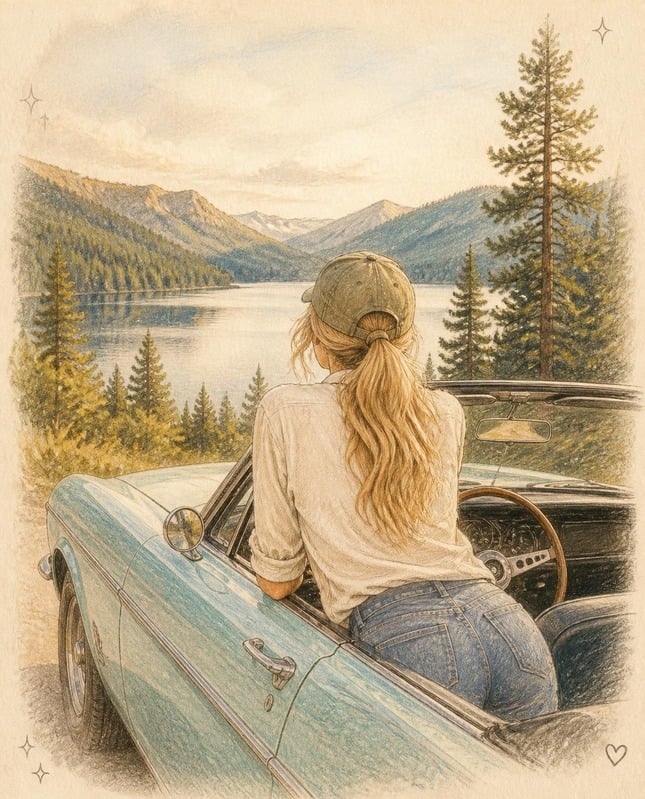 Illustration of Patrizia from behind, leaning on a turquoise convertible at a mountain lake in Sandpoint, Idaho