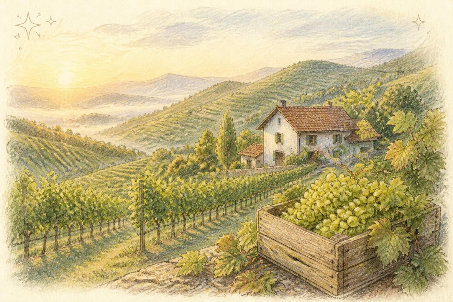 Illustration of an Austrian vineyard with a farmhouse and a crate of fresh grapes